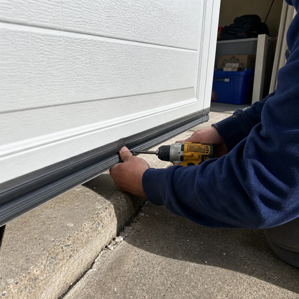 Technician using a power drill to install garage door bottom weather seal