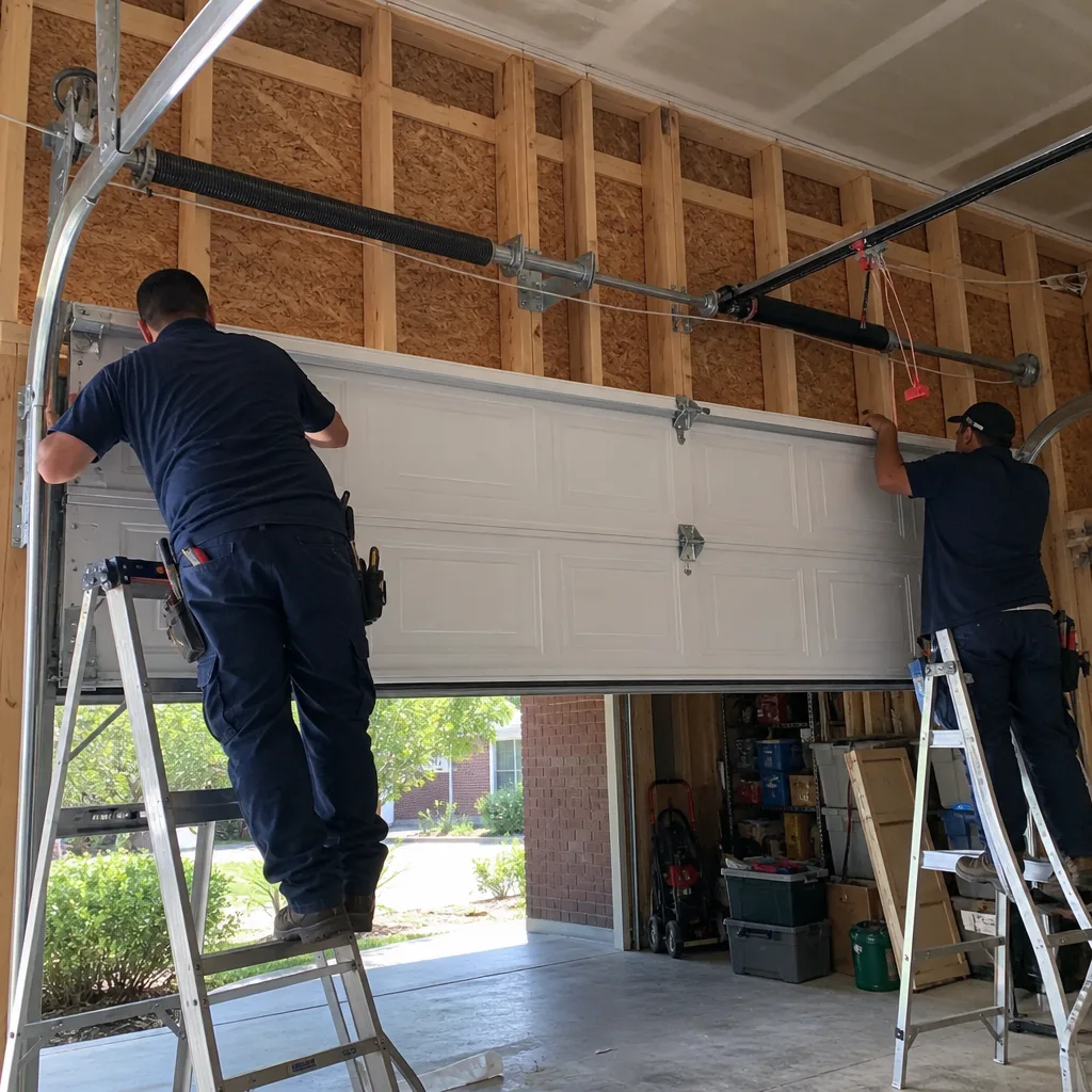 Two technicians professionally installing a new sectional garage door