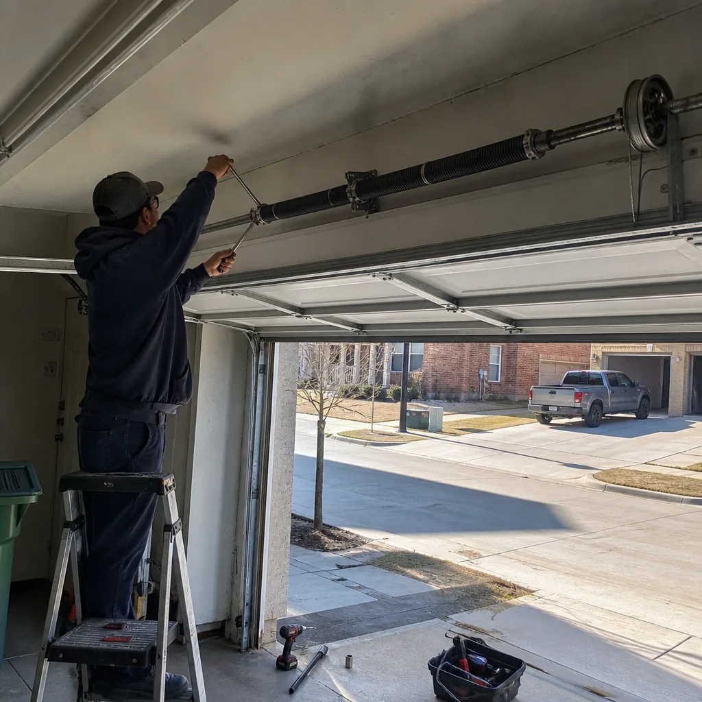 Professional technician performing residential garage door spring repair and maintenance