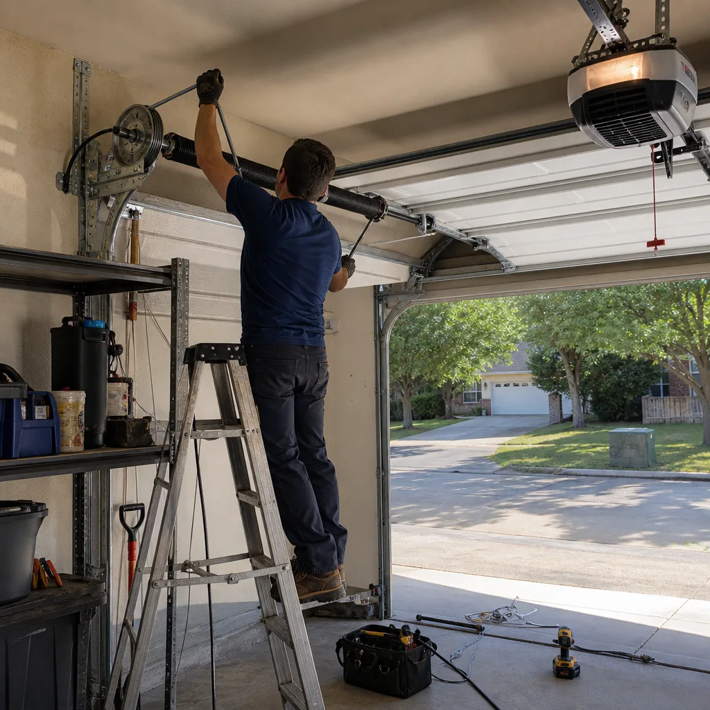Professional technician repairing a garage door torsion spring system