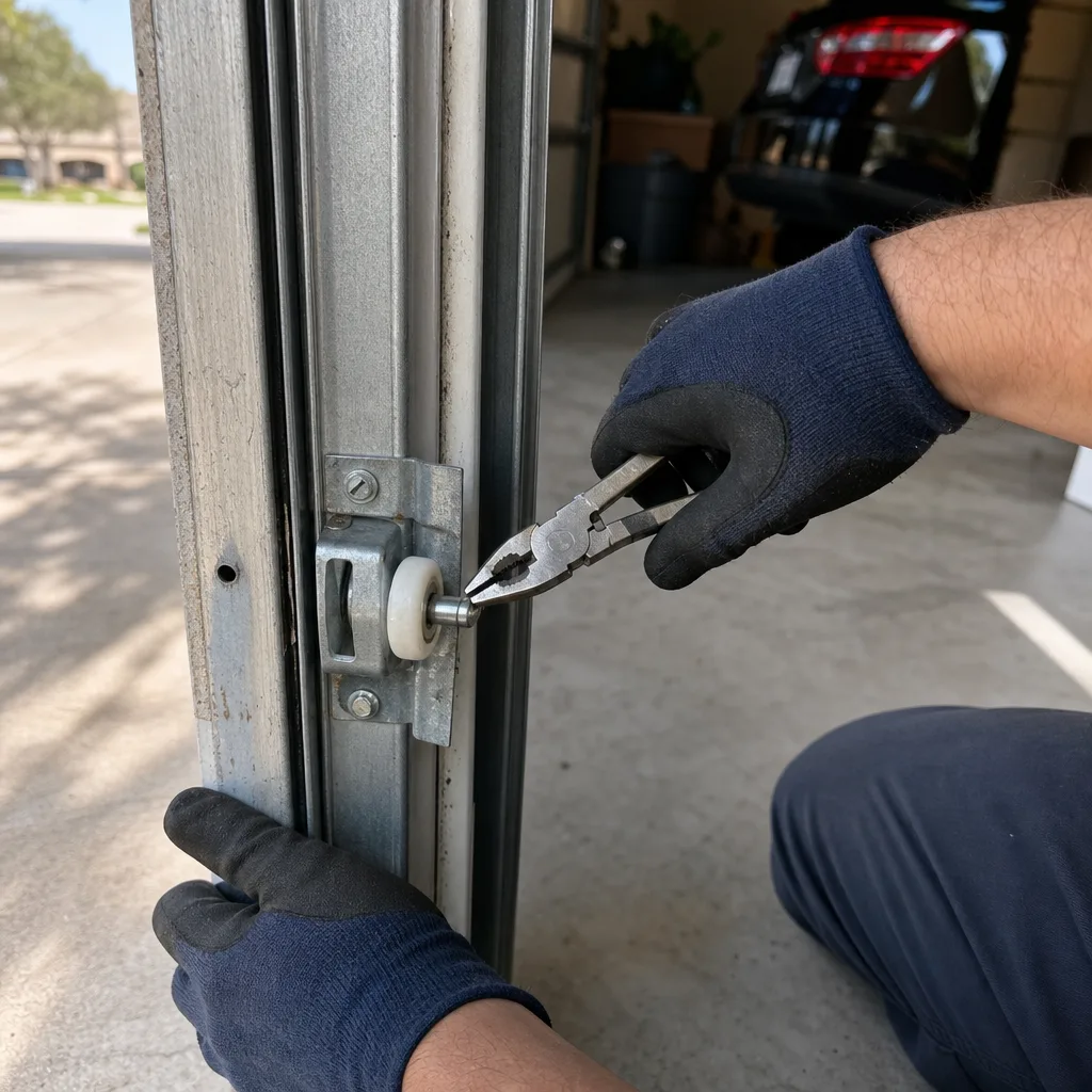 Technician using pliers to repair a garage door roller on the track