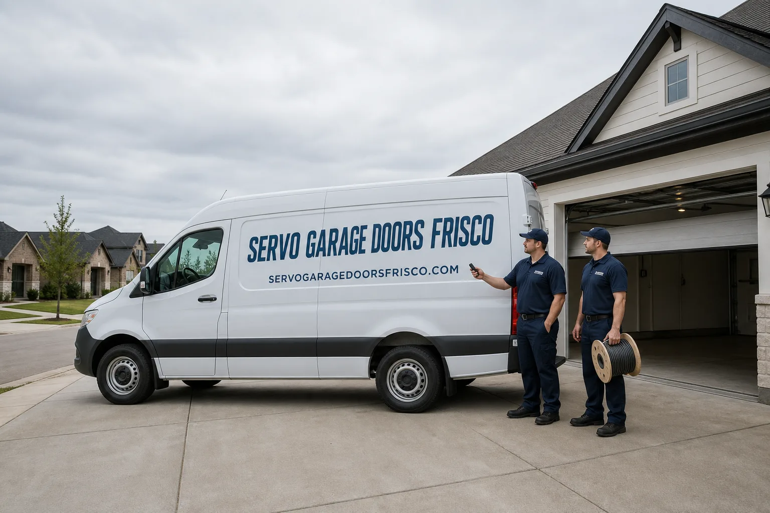 Servo Garage Doors Frisco garage door service vehicle and crew in Frisco, TX
